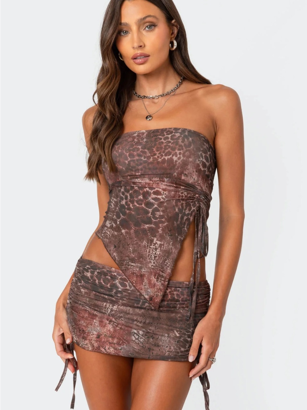 Edikted Leopard printed asymmetric mesh tube top